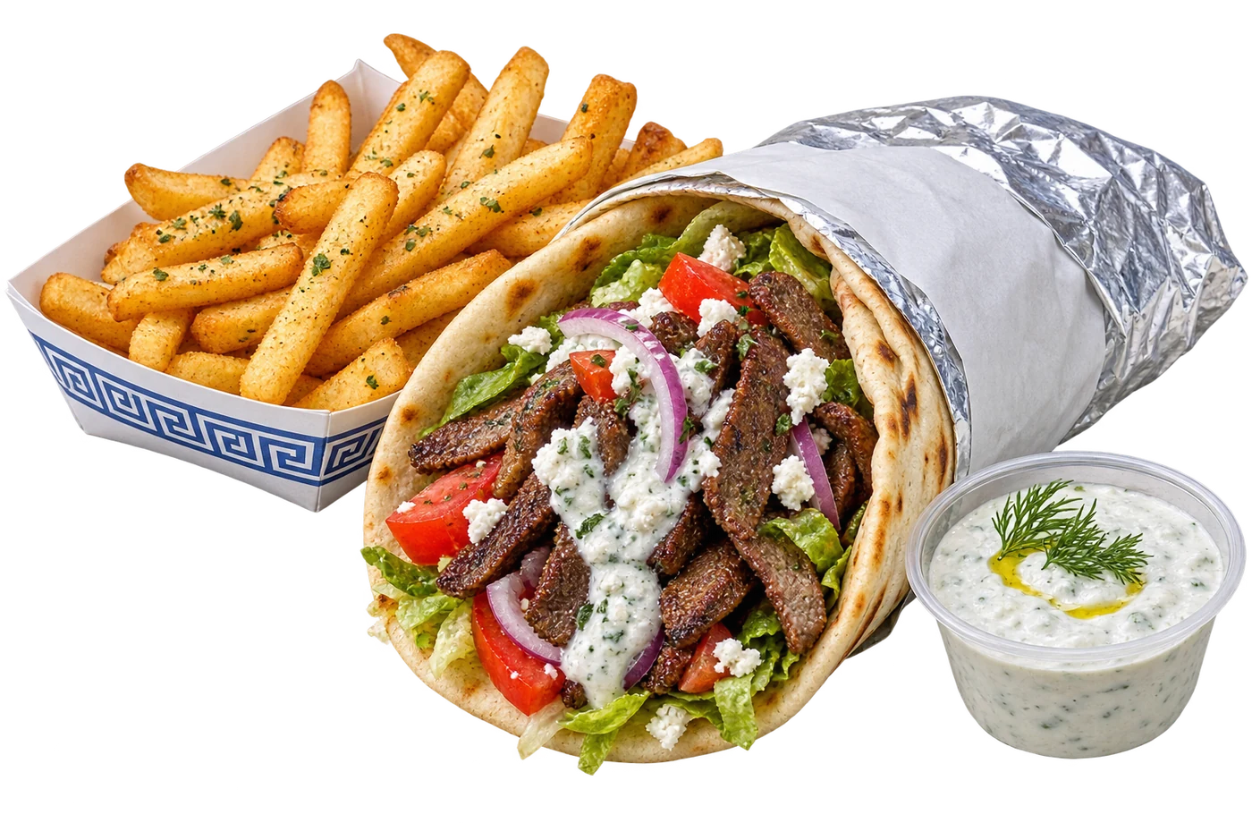 A lamb gyro wrapped in pita and foil, a tray of seasoned Greek fries and a tub of tzatziki