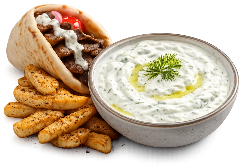A lamb gyro in pita with Greek potatoes, beside a stoneware bowl of tzatziki finished with olive oil and dill